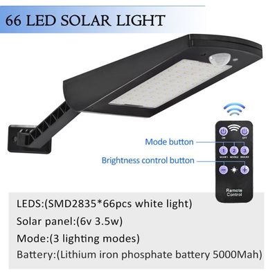 66LED 7W IP65 Solar Powered Parking Lot Lights Wall Mountable